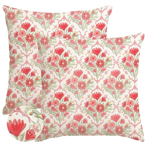 RABUSOFA Waterproof Outdoor Pillow Covers 18x18 Set of 2 - Spring Flower Decor, Red