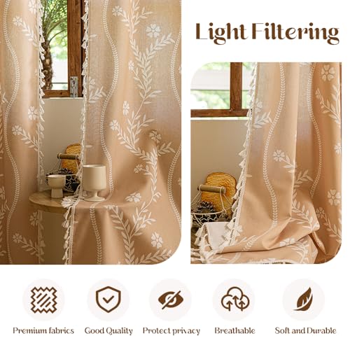 Boho Linen Curtains 52 x 63 Inches - Pack of 2 Beige Floral Farmhouse Window Drapes
