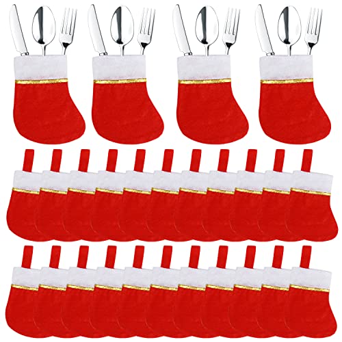 Christmas Stocking Tableware Holders Set - 24 Red Felt Silverware Bags with Gold Trim
