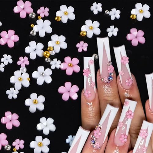 La Jolie Jasmin Pink and White Flower Nail Charms with Rhinestones, Pearls, and Caviar Beads for 3D Nail Art and DIY Crafts