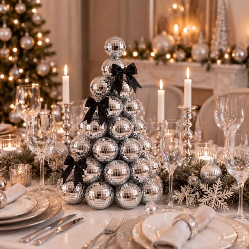 Disco Mirror Ball Christmas Tree Decorations - 11.8 Inches with Black Bow - Variation of THIS listing