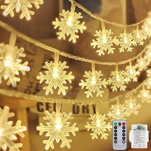 Christmas Snowflake Lights 20ft 40LED Warm White 8 Modes Battery Operated with Remote