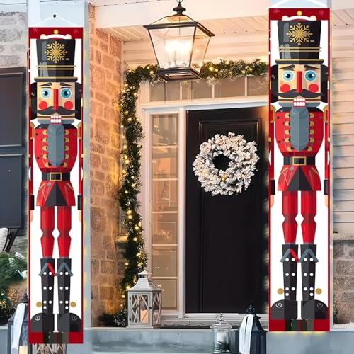 Outdoor Christmas Nutcracker Banner for Porch - Wide Soldier Style 30x71 Inch Red & Black Holiday Door Decor