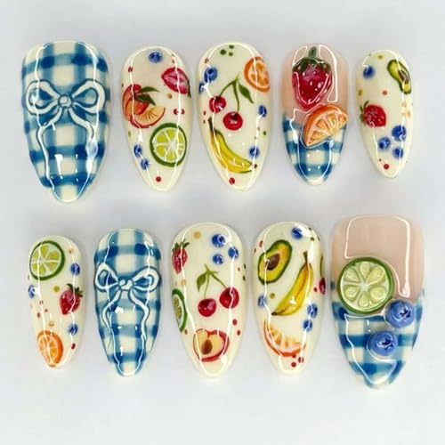 Medium Almond Press on Nails Bow Cherry Design False Nails 24Pcs