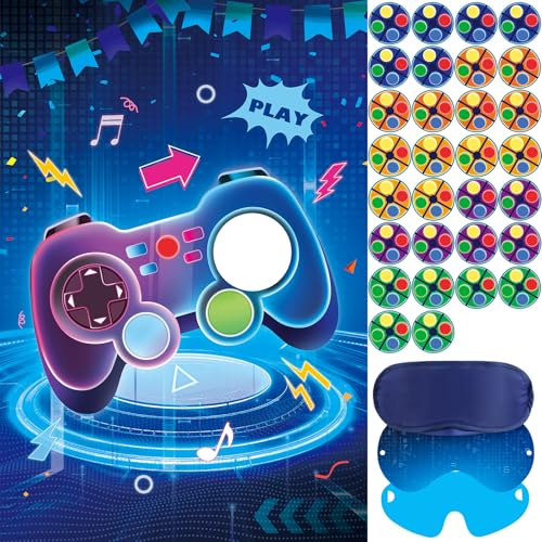 Video Game Party Game Set with Poster and 36 Sticker Pins for Kids Birthday