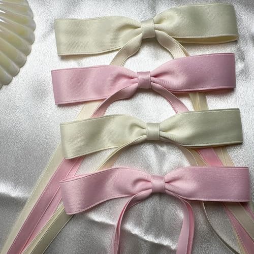 SALOCY 4 PCS Big Satin Hair Bow Clips with Long Tail Pink and Beige