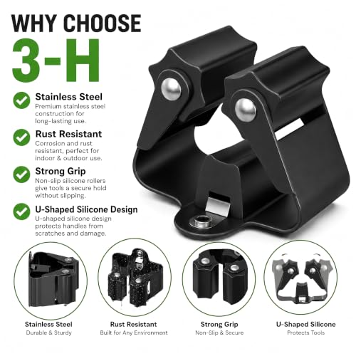 3-H Wall Mount Broom Holder 4 Pack - Black Stainless Steel Mop Hanger