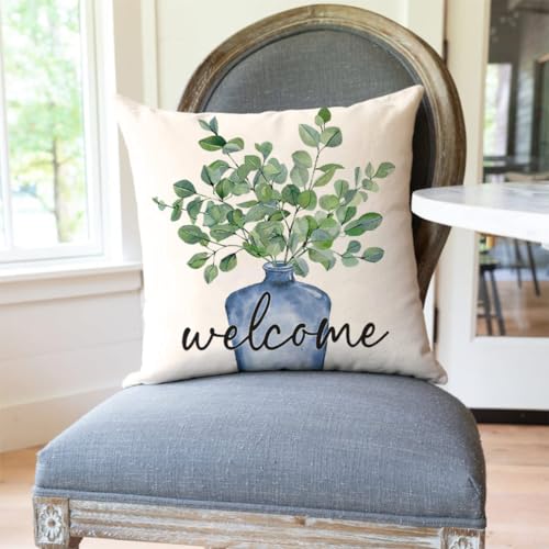 PANDICORN Spring Pillow Covers Set of 4 - Eucalyptus Leaves & Blue Vase - 20x20 Inch Decorative Throw Pillow Cases for Couch & Outdoor Decor