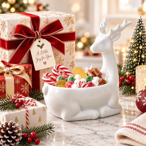 Christmas Reindeer Ceramic Candy Bowl White Reindeer - Holiday Table Decor