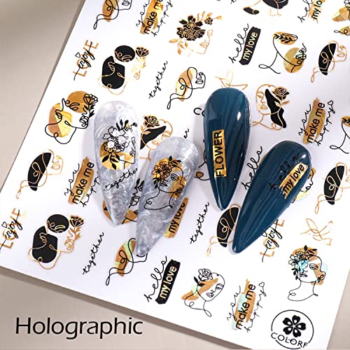 9 Sheets Laser Gold Nail Art Stickers 3D Floral Rose Leaf Decals