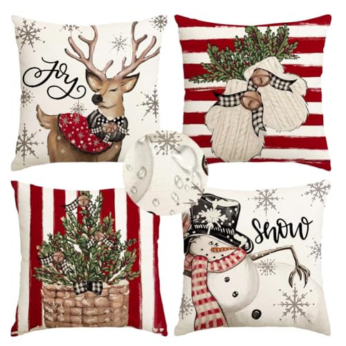 RABUSOFA Waterproof Christmas Pillow Covers Set of 4 - Red, 18x18 Inch