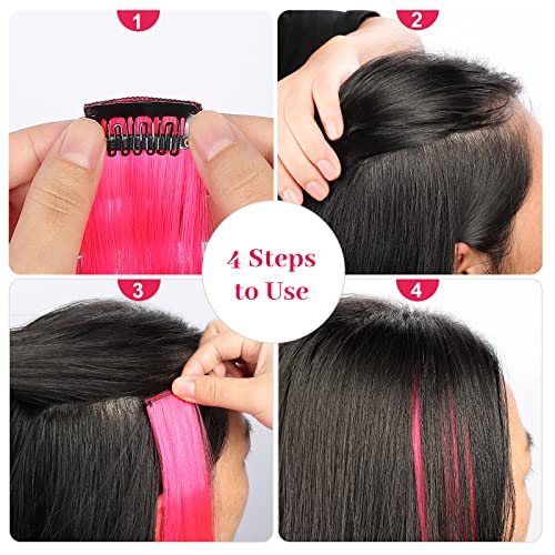 YaFex 22 Inch Clip In Hair Extensions Long Straight Synthetic Hot Pink