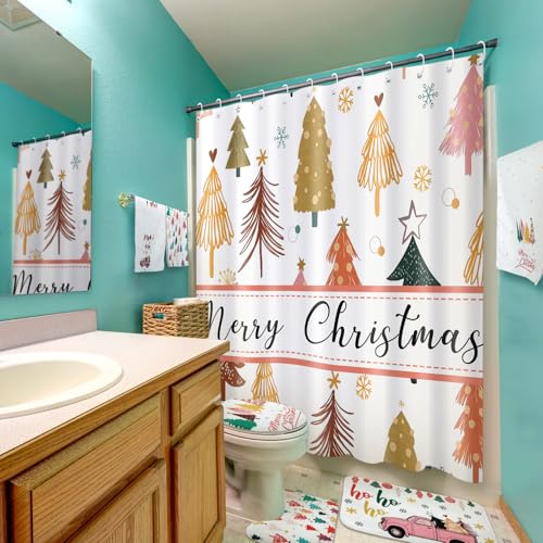 Christmas Boho Shower Curtain Set with Towels and Rugs - Holiday Bathroom Decor