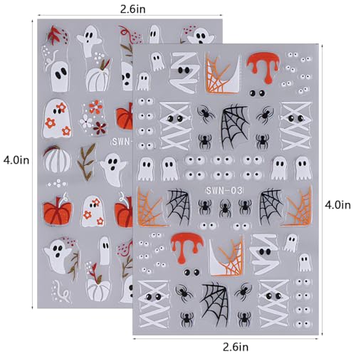 Halloween Nail Stickers 4 Sheets - Cute Ghost Skull Pumpkin 3D Self-Adhesive Decals for DIY Manicure
