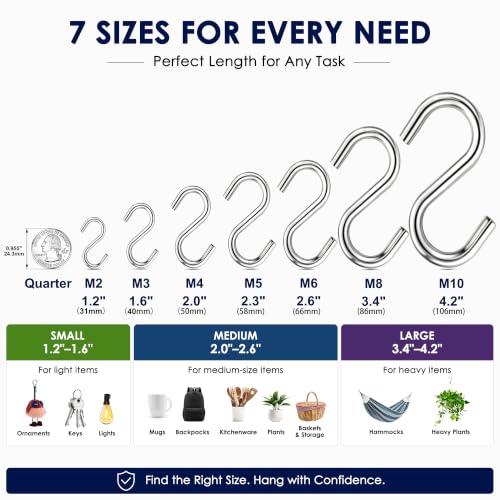 Heavy-Duty Stainless Steel S Hooks for Hanging - 20 Pack, 2.0 Inch