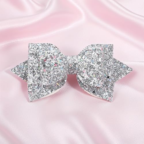 Silver Glitter Hair Bows 5.3 Inch Sparkly Alligator Clips 2 Pcs