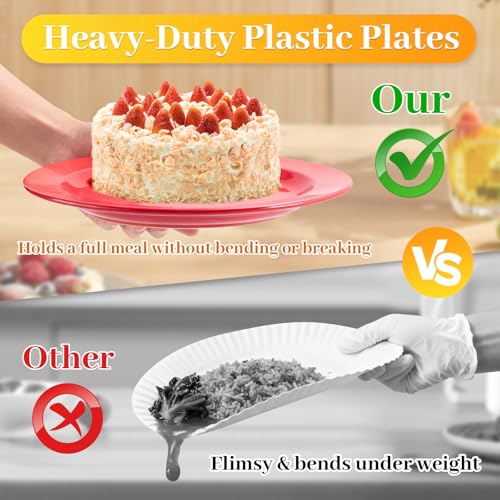 Red Disposable Plastic Plates for Party - 50 Pack Heavy Duty Dinner & Dessert