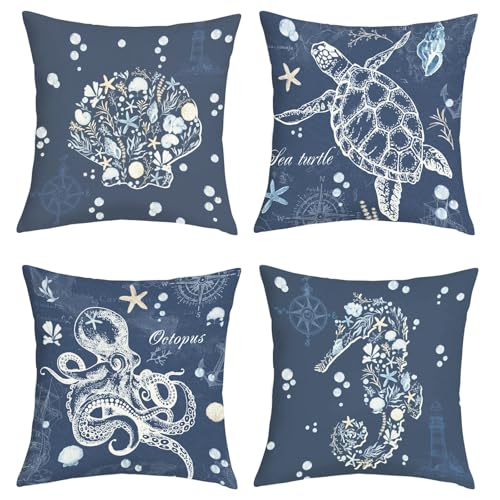 Sea Turtle Throw Pillow Covers Set of 4 - 18x18 Inch Ocean Decor