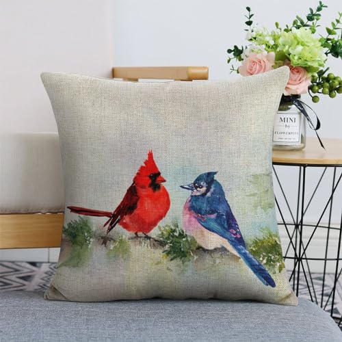 Linen Cardinal & Blue Jay 18x18 Pillow Covers - Farmhouse Decor
