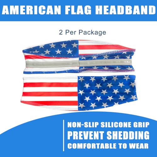 2 Pack American Flag Headband, Non-Slip Stretchy Sports Sweatbands for Men & Women, USA Flag Hairbands for Running, Basketball, Yoga, Workout, Exercise