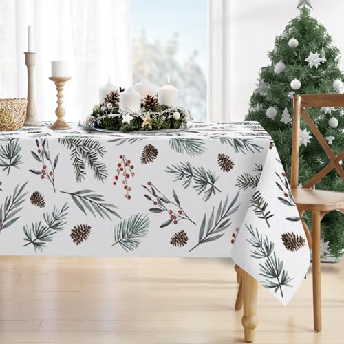 Winter Pine Tree Leaves Rectangle Tablecloth 52 x 70 Inch - Festive Holiday Decor