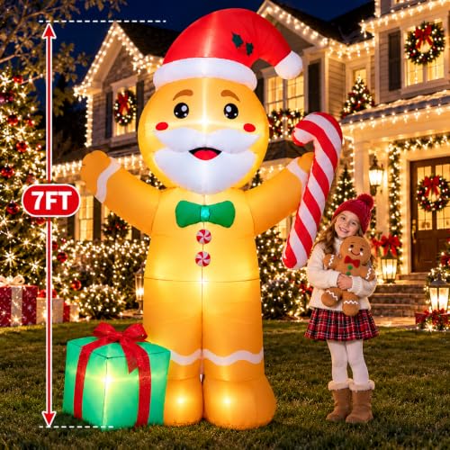 7FT Christmas Inflatable Gingerbread Man with LED Lights Yard Decor