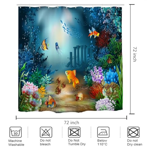 Ocean Fish Shower Curtain for Kids Bathroom | Waterproof 72x72