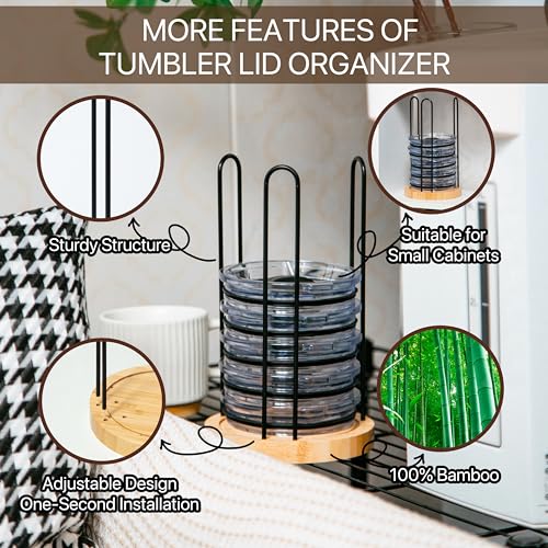 2-Pack Bamboo Tumbler Lid Organizer for Cups & Lids, Adjustable Fits All Sizes