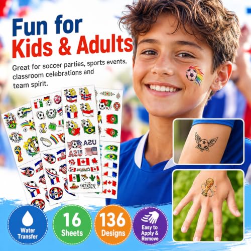 World Cup Soccer Temporary Face Tattoos - 16 Sheet Fan Party Pack
