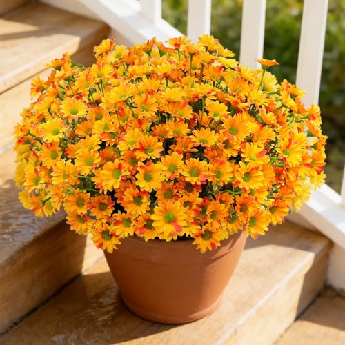 FOUSUKA 16 Bundles Orange Silk Daisy Artificial Flowers Outdoor UV Resistant Plant Decor