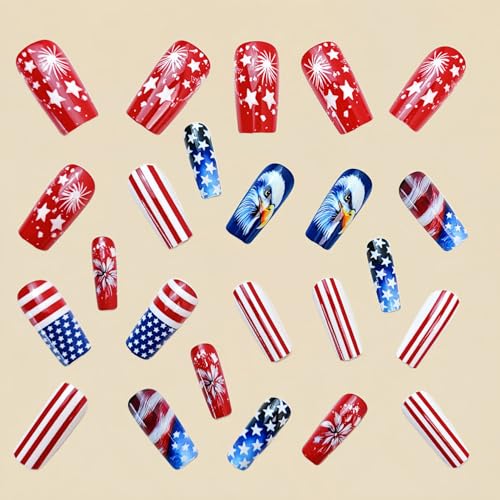 4th of July Medium Coffin Press on Nails - USA Flag & Star Design