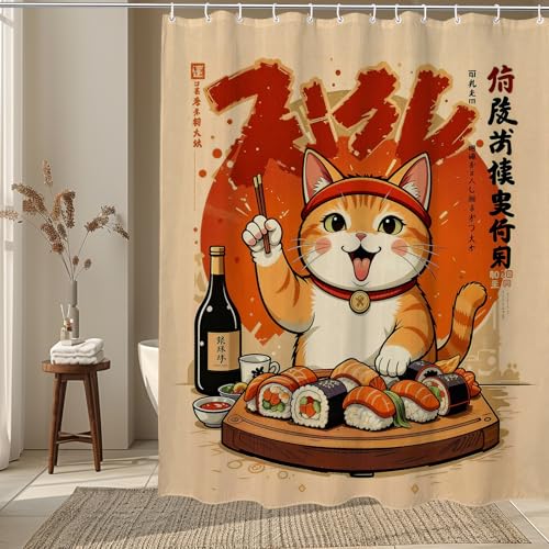 Funny Japanese Cat Shower Curtain, Red Orange Sushi Anime Design 72x72"