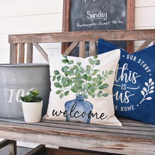 PANDICORN Spring Pillow Covers Set of 4 - Eucalyptus Leaves & Blue Vase - 20x20 Inch Decorative Throw Pillow Cases for Couch & Outdoor Decor