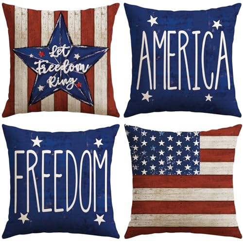 OTOSTAR 4th of July Throw Pillow Covers, Star Flag Patriotic Set of 4, 16x16