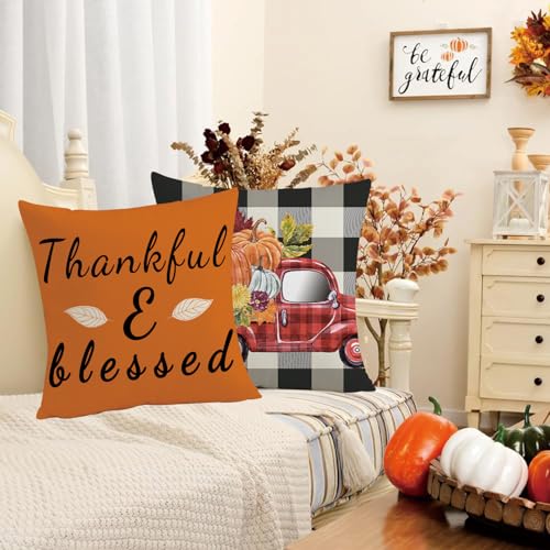 Thanksgiving Fall Pillow Covers Set of 4 - 18x18 Buffalo Check Pumpkin Truck