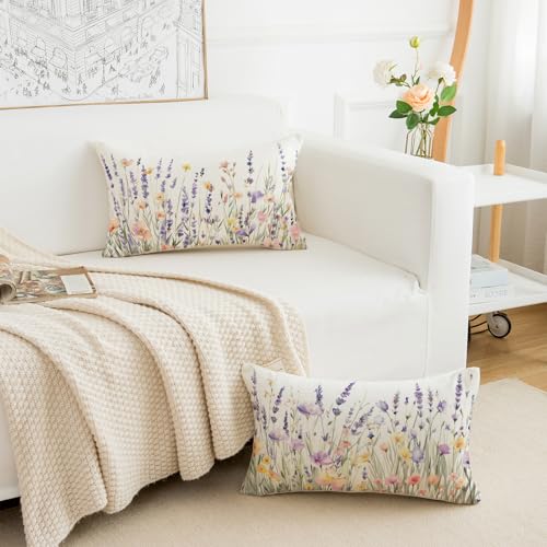 Spring Floral Throw Pillow Covers 12x20 Inch Set of 2 Farmhouse Lavender Decor
