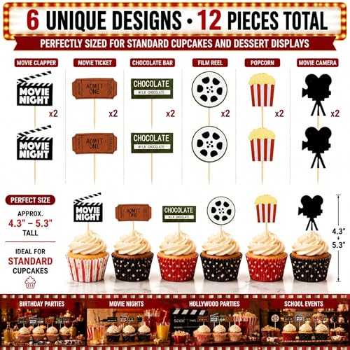Movie Night Cupcake Toppers - 12PCS Glitter Decorations