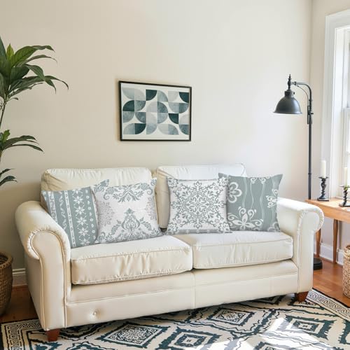 COZZSNUGE Velvet Throw Pillow Covers, Grey Damask Geometric, 18x18 Set of 4