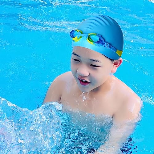 3 Pieces Kids Swim Cap for Boys Girls Silicone Swimming Cap for Short Hair with Swimming Goggles and Nose Clip Unisex Waterproof Bathing Caps for Age 3-15 Children Boys Girls