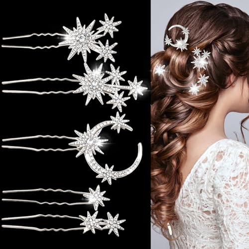 Star and Moon Rhinestone Hair Pins Set - 5 Pcs Silver Bridal Hair Jewelry