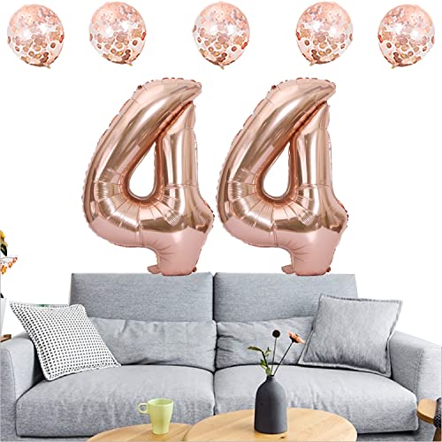 Rose Gold 44th Birthday Decorations - 40 Inch Foil & Confetti Balloons