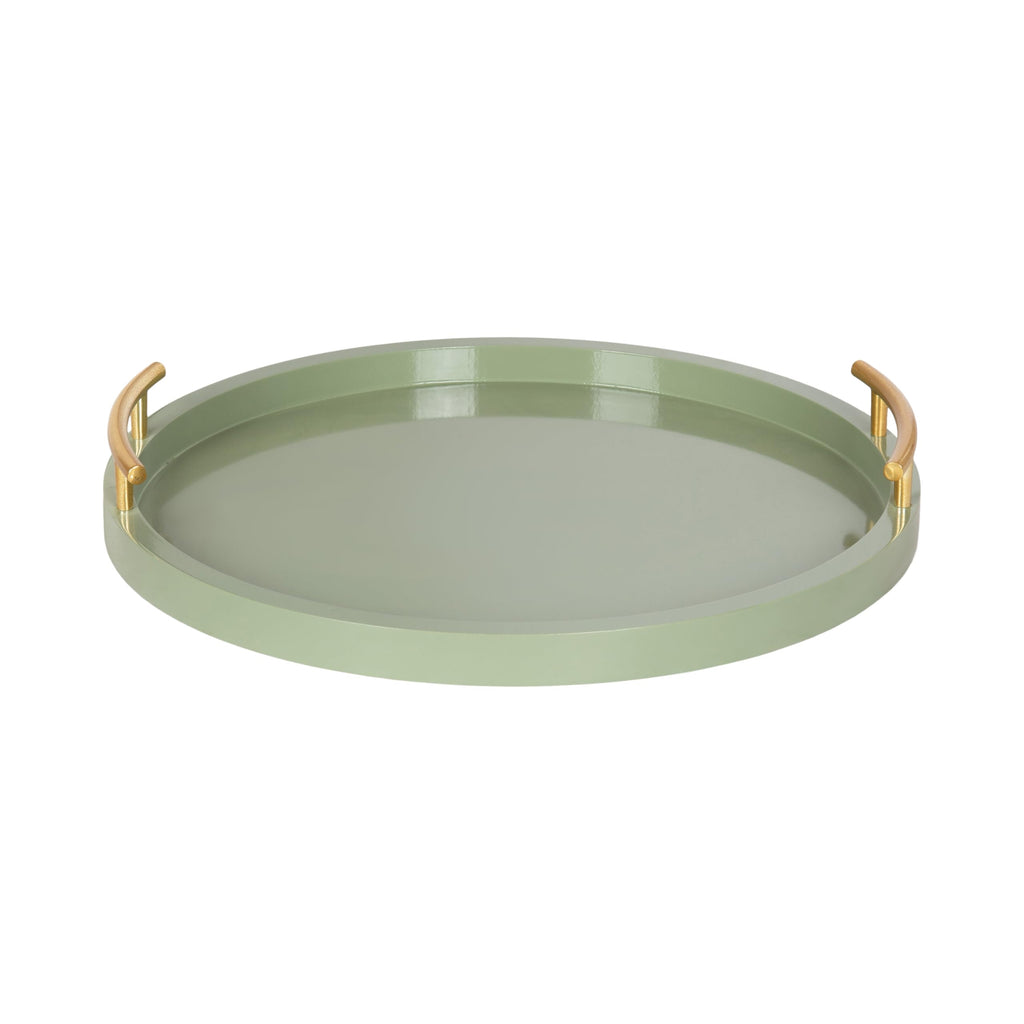 Kate and Laurel Halsey Decorative Wooden Round Tray with Polished Metal Handles, 16 Inch Diameter, Sage Green and Gold, Modern Glam Circle Serving Tray for Use as Ottoman Topper or Coffee Table Accent