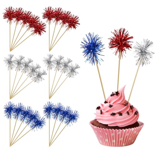 30PCS Foil Firework Cupcake Toppers 4th of July Patriotic Toothpicks
