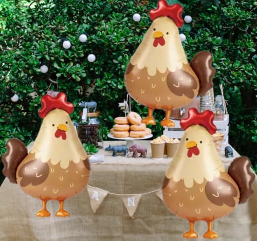 3-Piece Farm Chicken Foil Balloons - Large Rooster Decor for Barnyard Party