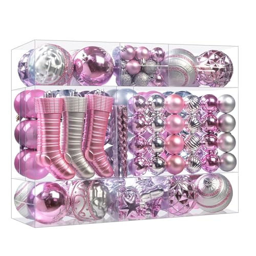 Pink and Silver Christmas Balls Ornament Set - 100 Shatterproof Plastic Decor with Tree Topper & Snowflakes