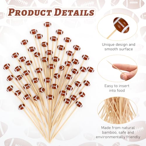 50 Pcs Football 3D Bamboo Cocktail Picks - 4.72 Inch Decorative Skewers
