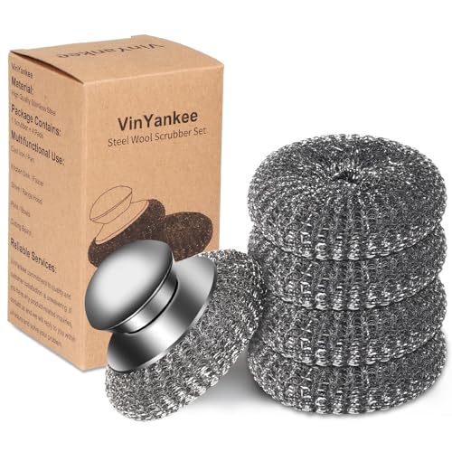 VinYankee Stainless Steel Wool Scrubber with Handle - 1 Handle & 4 Pads