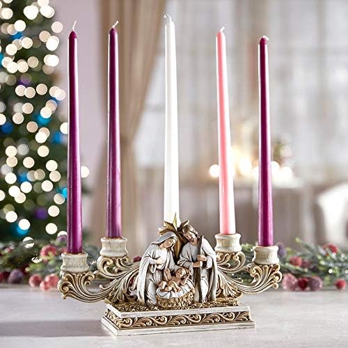 Needzo Advent Candle Holder - Gold Tone Holy Family Nativity Scene Centerpiece | 11 x 6.5 Inches