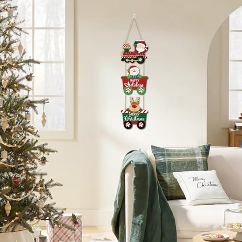 Christmas Train Door Decor Set - Santa Snowman Reindeer Wreath Holiday Welcome Sign - 3 Pieces