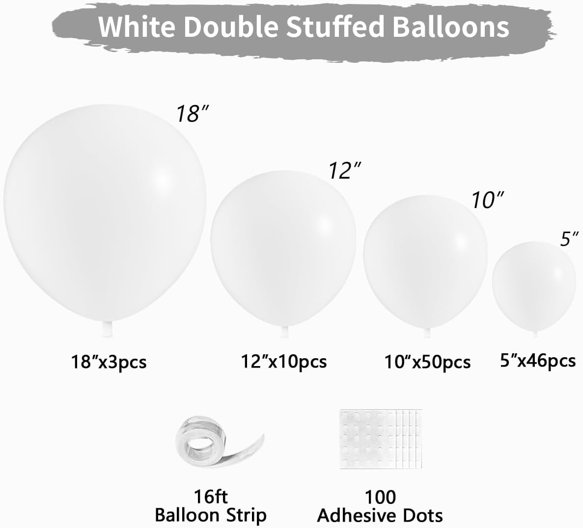 Skiennix White Double Stuffed Balloons - 115 Pcs in Various Sizes for Birthday & Wedding Decor